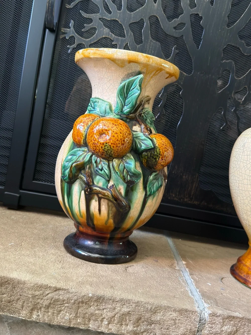 Decorative Fruit Relief Ceramic Vase - Yellow and Green